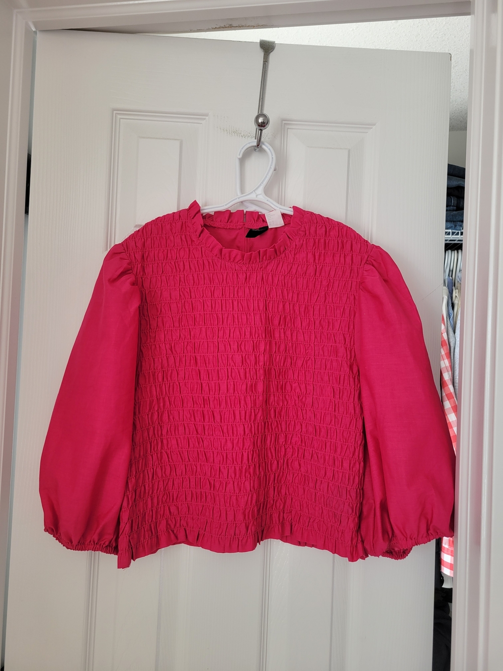 Divided Hot Pink Smocked Balloon-Sleeve Blouse Size L